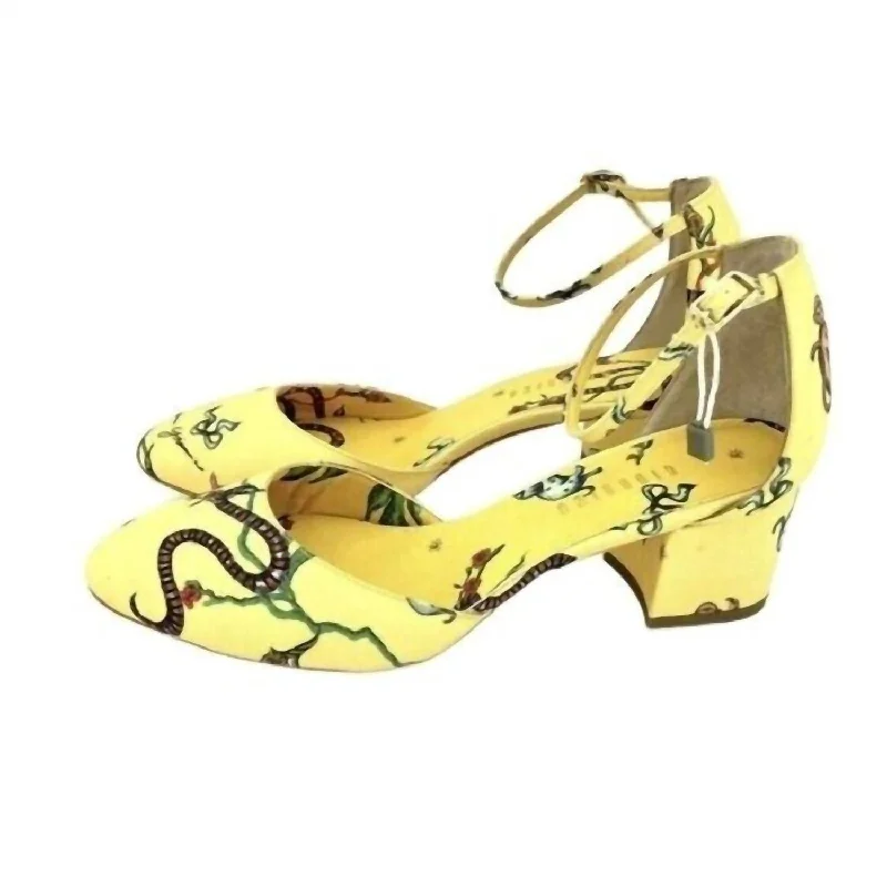 Unleash Your Style Brighton Printed Ankle Block Heels In Yellow