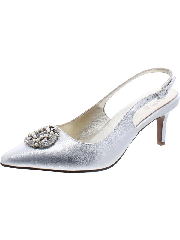 Weekend Exclusive Emily Womens Leather Rhinestone Slingback Heels