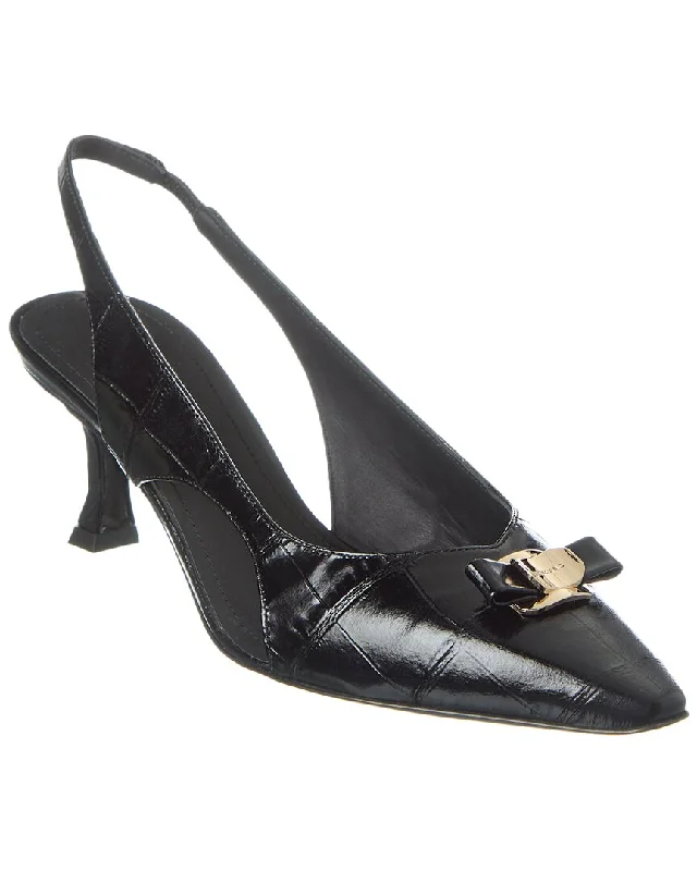 Budget Saver Ferragamo Mini Bow Zarula Croc-Embossed Leather Slingback Pump