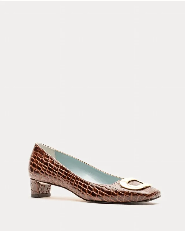 Fashion Forward Femininity Mary Mini Block Heel Croc Embrossed In Brown